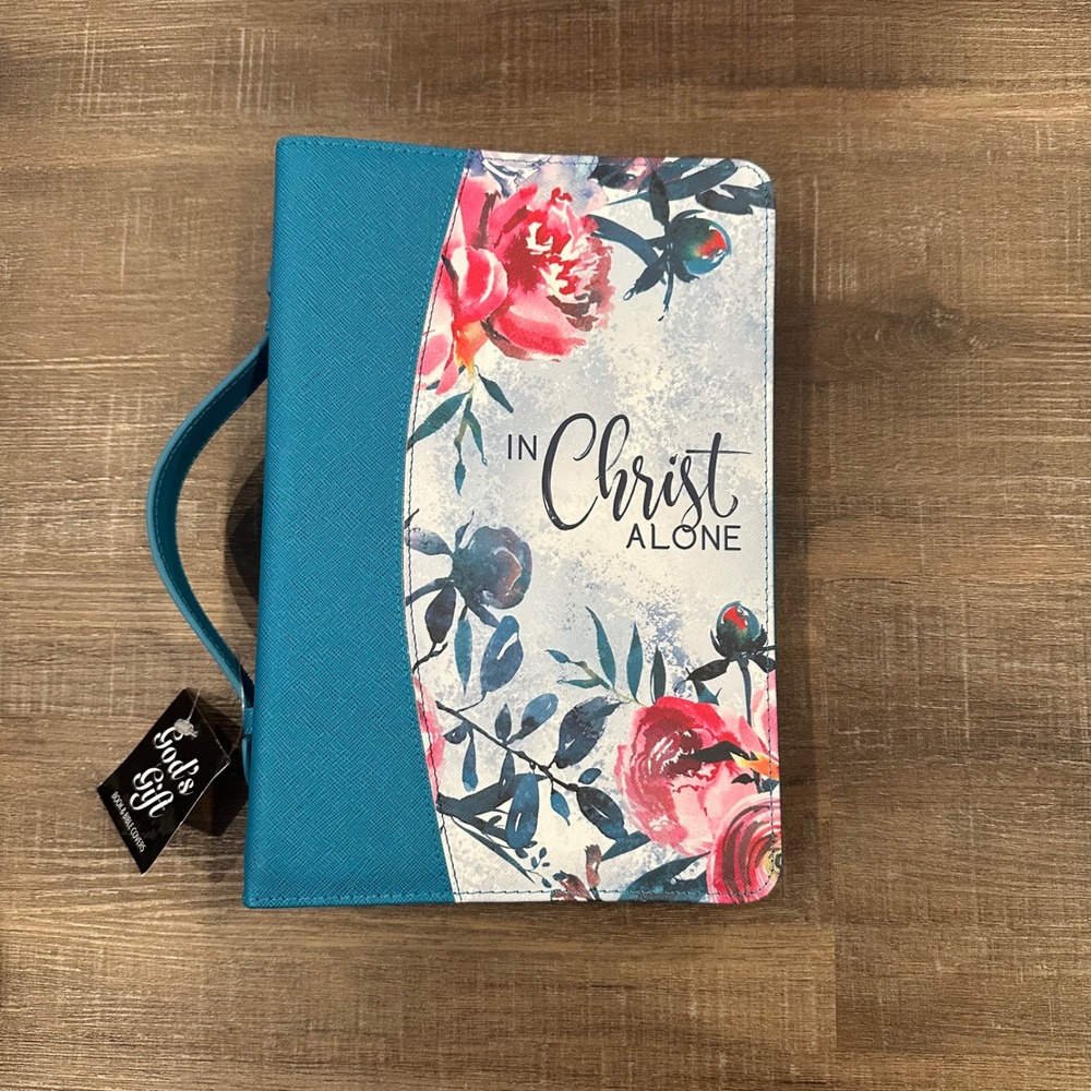 God's Gift In Christ Alone Floral Teal Faux Leather Bible Cover Case XL New
